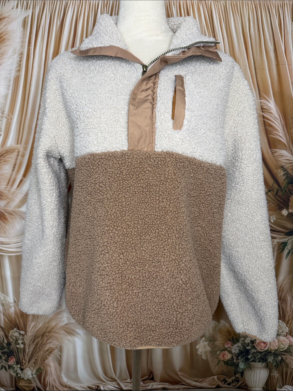 Avalanche Cream Sherpa Jacket with Brown Trim and Olive Zipper Detail